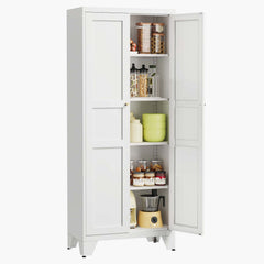 Yizosh white 5 Tier Kitchen Pantry Storage Cabinet,  71" Metal Storage Cabinet with 2 Doors & 4 Adjustable Shelves, Freestanding Tall Cupboard