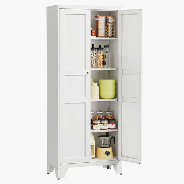 Yizosh white 5 Tier Kitchen Pantry Storage Cabinet,  71" Metal Storage Cabinet with 2 Doors & 4 Adjustable Shelves, Freestanding Tall Cupboard