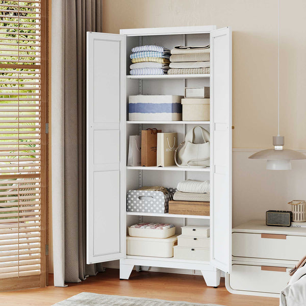 Yizosh white 5 Tier Kitchen Pantry Storage Cabinet,  71" Metal Storage Cabinet with 2 Doors & 4 Adjustable Shelves, Freestanding Tall Cupboard