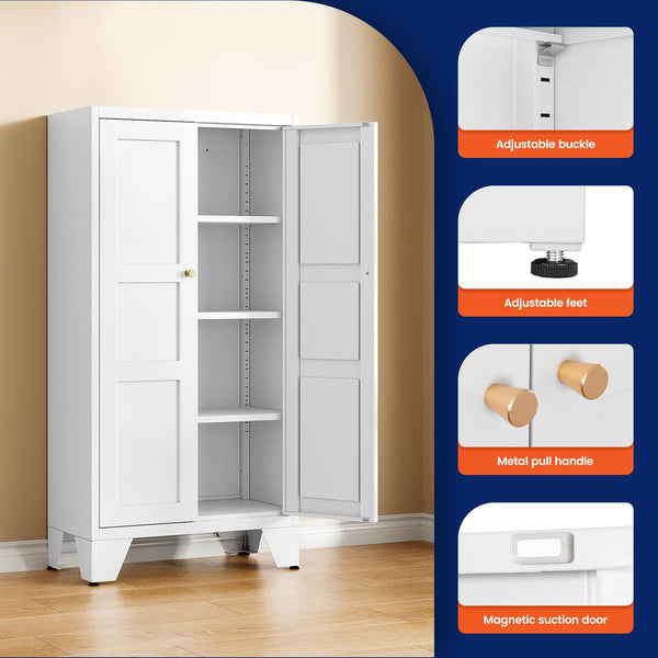 Yizosh 47" White Metal Storage Cabinet with 2 Doors & 3 Adjustable Shelves - Kitchen Pantry Storage Cabinet Locker for Kitchen,Living Room,Dining Room