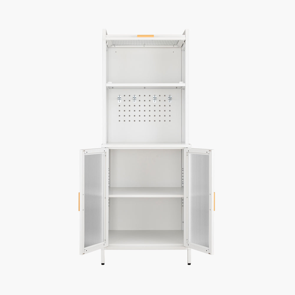 Yizosh 63"H Kitchen Pantry Cabinet with Glass Doors, Freestanding Tall Cupboard with Microwave Shelf – Metal Bakers Rack & Coffee Hutch