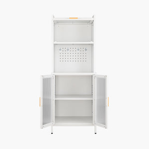 Yizosh 63"H Kitchen Pantry Cabinet with Glass Doors, Freestanding Tall Cupboard with Microwave Shelf – Metal Bakers Rack & Coffee Hutch