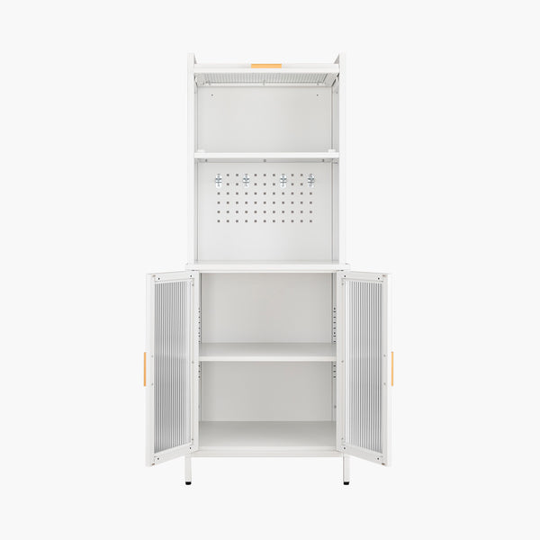 Yizosh 63"H Kitchen Pantry Cabinet with Glass Doors, Freestanding Tall Cupboard with Microwave Shelf – Metal Bakers Rack & Coffee Hutch
