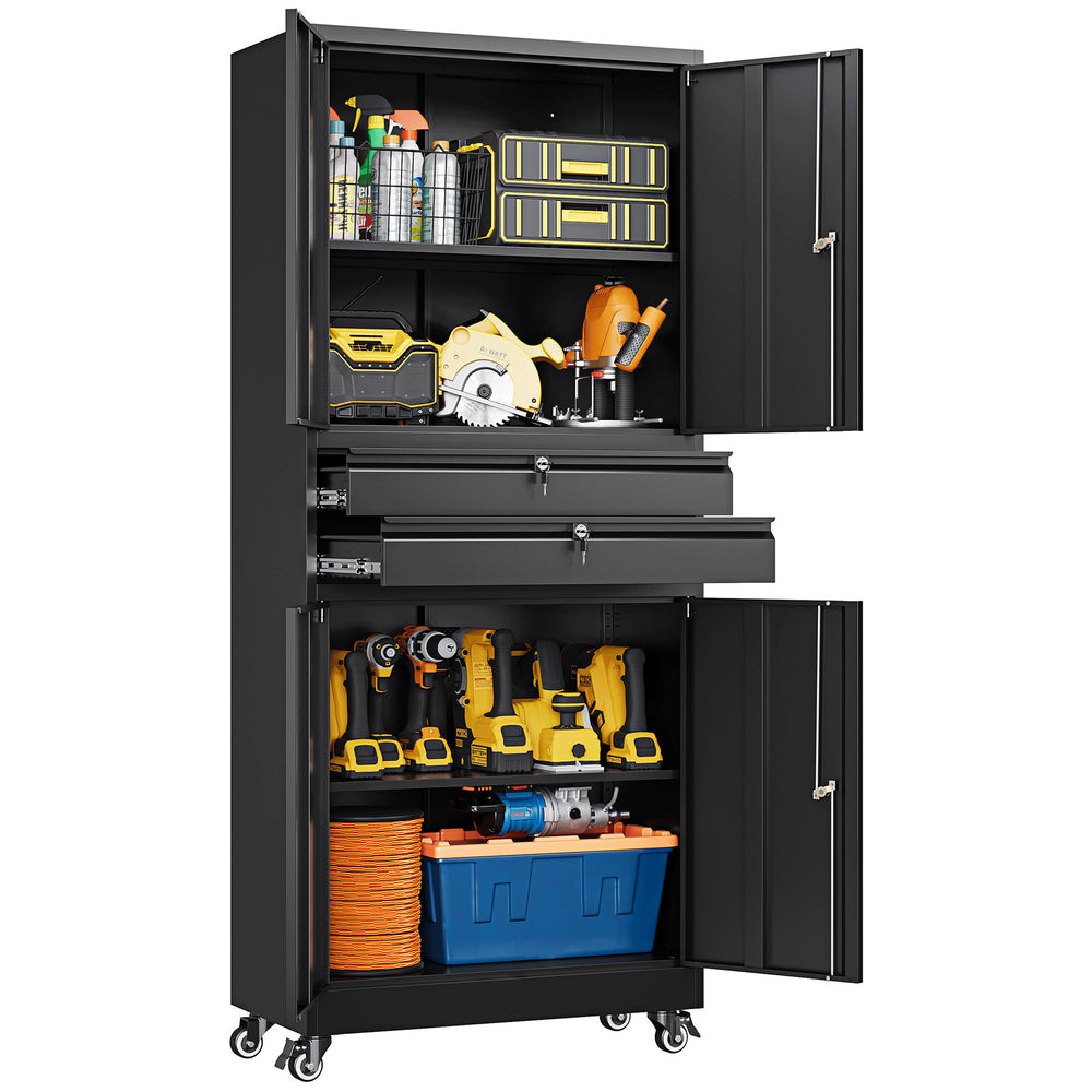 Yizosh 74" Tall Rolling Metal Tool Storage Cabinet with Locking Doors, 2 Drawers, Adjustable Shelves & 4 Wheels, Garage Storage And Organization