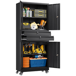 Yizosh 74" Tall Rolling Metal Tool Storage Cabinet with Locking Doors, 2 Drawers, Adjustable Shelves & 4 Wheels, Garage Storage And Organization