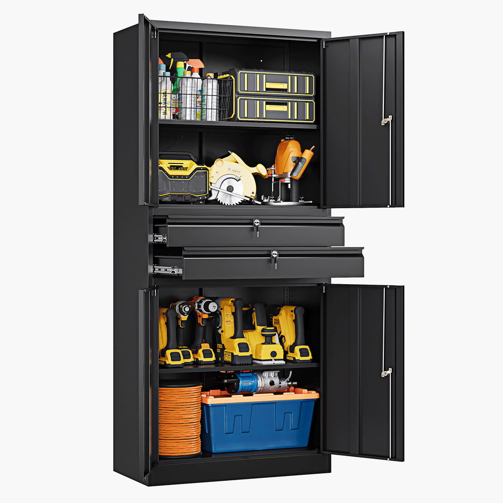 Yizosh 71" Metal Garage Storage Cabinet with Lock, 2 Drawers & Adjustable Shelves