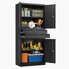 Yizosh 71" Metal Garage Storage Cabinet with Lock, 2 Drawers & Adjustable Shelves