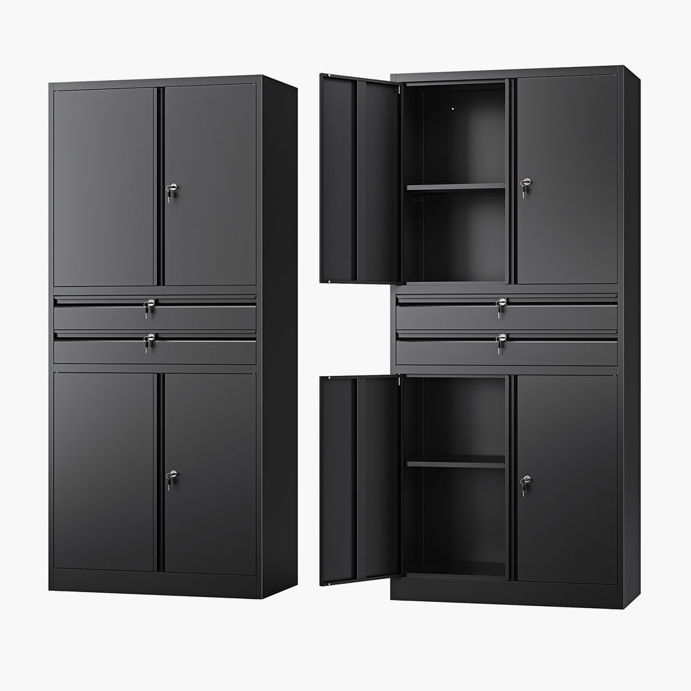 Yizosh 71" Metal Garage Storage Cabinet with Lock, 2 Drawers & Adjustable Shelves