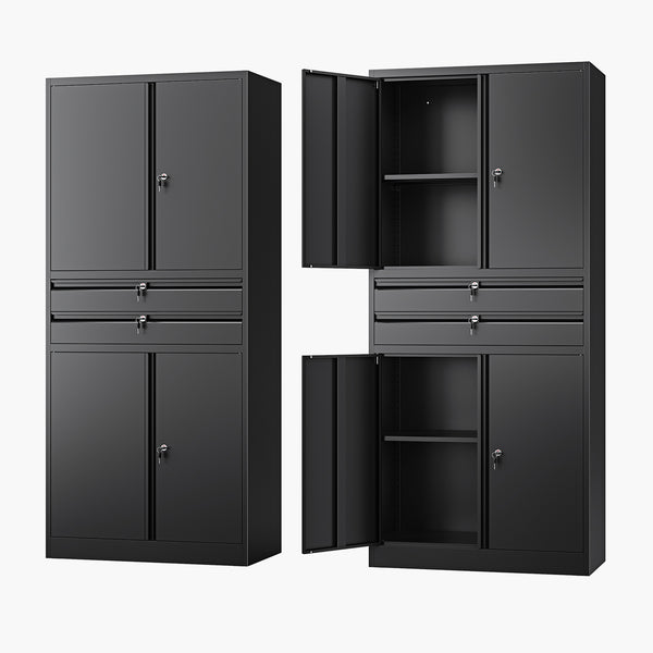 Yizosh 71" Metal Garage Storage Cabinet with Lock, 2 Drawers & Adjustable Shelves
