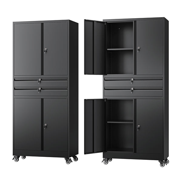 Yizosh 74" Tall Rolling Metal Tool Storage Cabinet with Locking Doors, 2 Drawers, Adjustable Shelves & 4 Wheels, Garage Storage And Organization