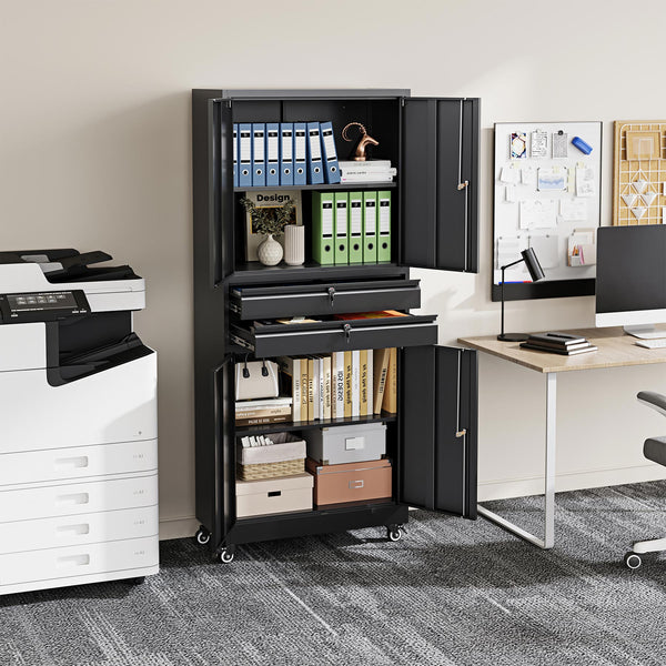 Yizosh 74" Tall Rolling Metal Tool Storage Cabinet with Locking Doors, 2 Drawers, Adjustable Shelves & 4 Wheels, Garage Storage And Organization