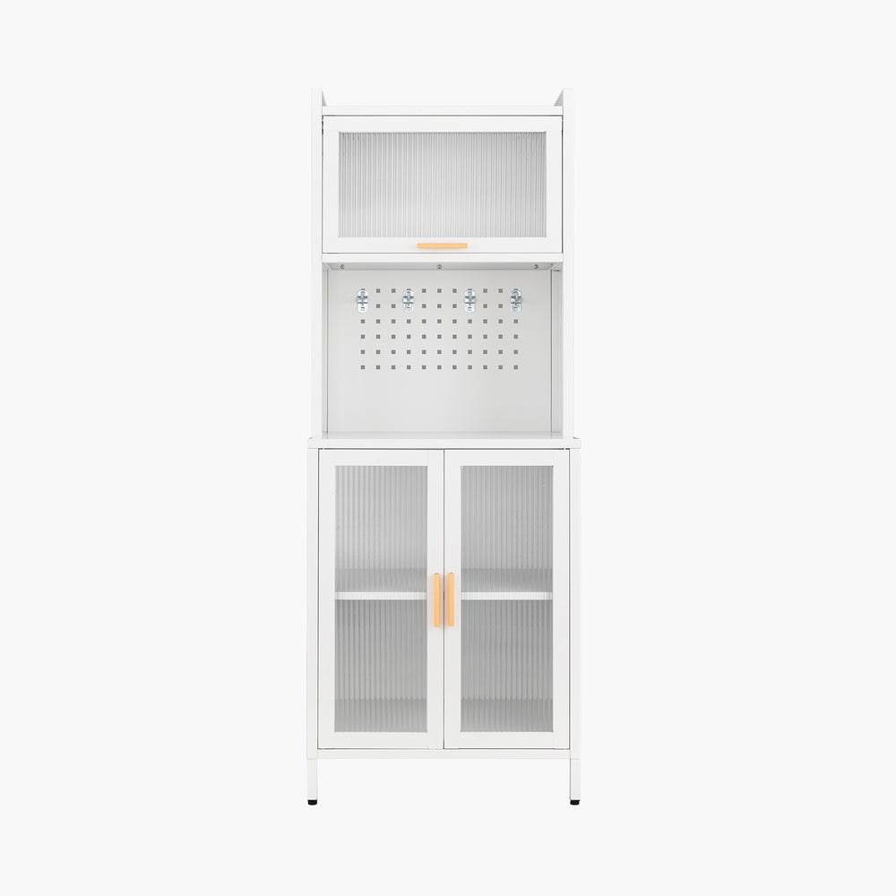 Yizosh 63"H Kitchen Pantry Cabinet with Glass Doors, Freestanding Tall Cupboard with Microwave Shelf – Metal Bakers Rack & Coffee Hutch
