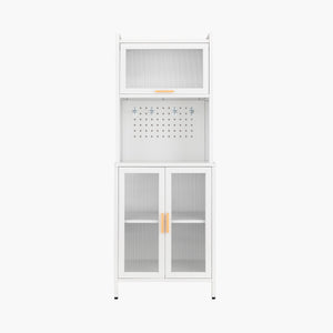 Yizosh 63"H Kitchen Pantry Cabinet with Glass Doors, Freestanding Tall Cupboard with Microwave Shelf – Metal Bakers Rack & Coffee Hutch