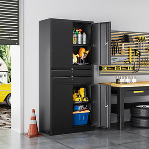 Yizosh 71" Metal Garage Storage Cabinet with Lock, 2 Drawers & Adjustable Shelves