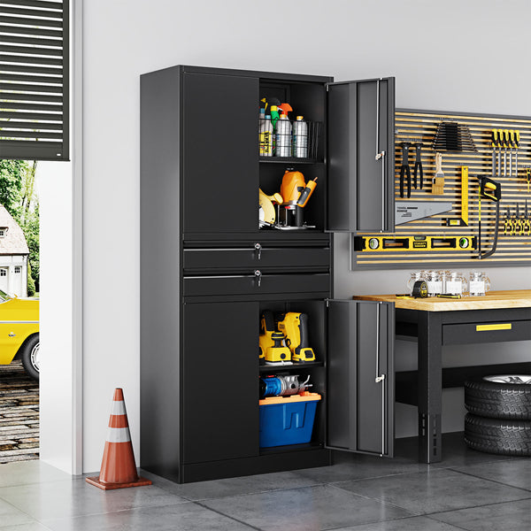 Yizosh 71" Metal Garage Storage Cabinet with Lock, 2 Drawers & Adjustable Shelves