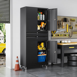 Yizosh 74" Tall Rolling Metal Tool Storage Cabinet with Locking Doors, 2 Drawers, Adjustable Shelves & 4 Wheels, Garage Storage And Organization