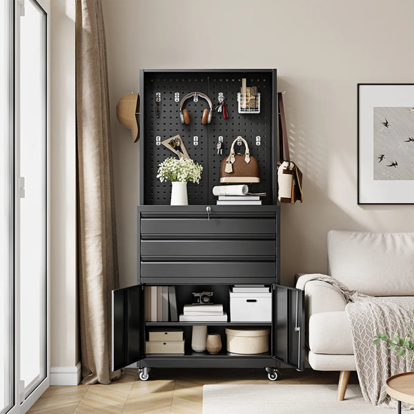 Yizosh 71" Rolling Metal Storage Cabinet with 3 Drawers and Adjustable Shelves