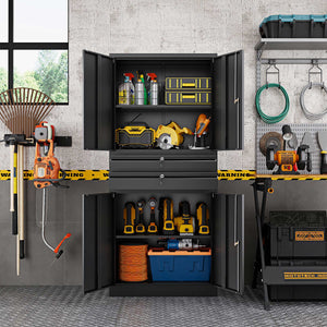 Yizosh 71" Metal Garage Storage Cabinet with Lock, 2 Drawers & Adjustable Shelves