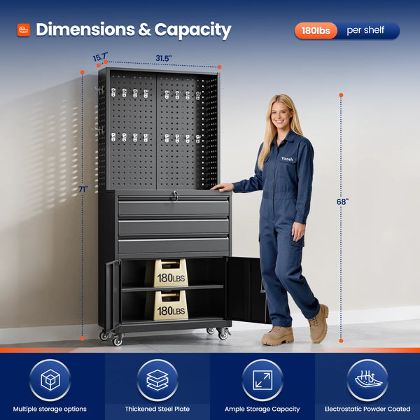 Yizosh 71" Rolling Metal Storage Cabinet with 3 Drawers and Adjustable Shelves