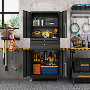 Yizosh 74" Tall Rolling Metal Tool Storage Cabinet with Locking Doors, 2 Drawers, Adjustable Shelves & 4 Wheels, Garage Storage And Organization