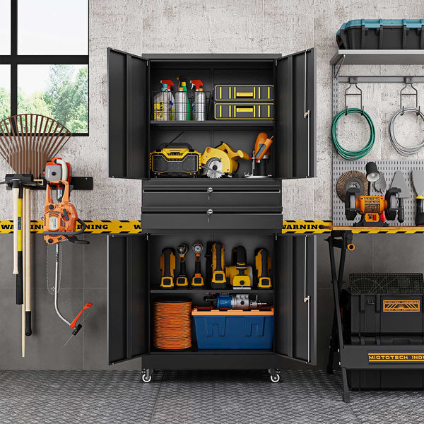 Yizosh 74" Tall Rolling Metal Tool Storage Cabinet with Locking Doors, 2 Drawers, Adjustable Shelves & 4 Wheels, Garage Storage And Organization