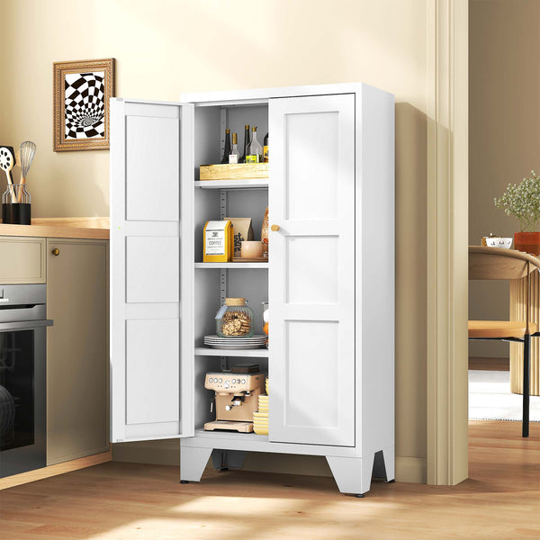 Yizosh 47" White Metal Storage Cabinet with 2 Doors & 3 Adjustable Shelves - Kitchen Pantry Storage Cabinet Locker for Kitchen,Living Room,Dining Room