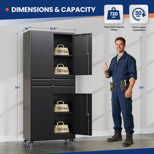 Yizosh 74" Tall Rolling Metal Tool Storage Cabinet with Locking Doors, 2 Drawers, Adjustable Shelves & 4 Wheels, Garage Storage And Organization