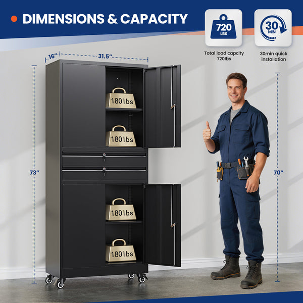 Yizosh 74" Tall Rolling Metal Tool Storage Cabinet with Locking Doors, 2 Drawers, Adjustable Shelves & 4 Wheels, Garage Storage And Organization