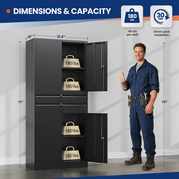 Yizosh 71" Metal Garage Storage Cabinet with Lock, 2 Drawers & Adjustable Shelves