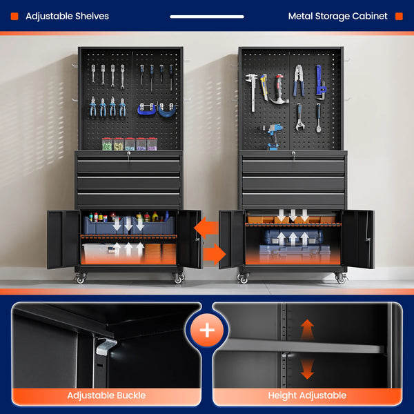 Yizosh 71" Rolling Metal Storage Cabinet with 3 Drawers and Adjustable Shelves