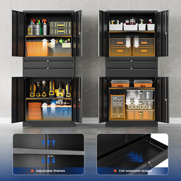 Yizosh 71" Metal Garage Storage Cabinet with Lock, 2 Drawers & Adjustable Shelves