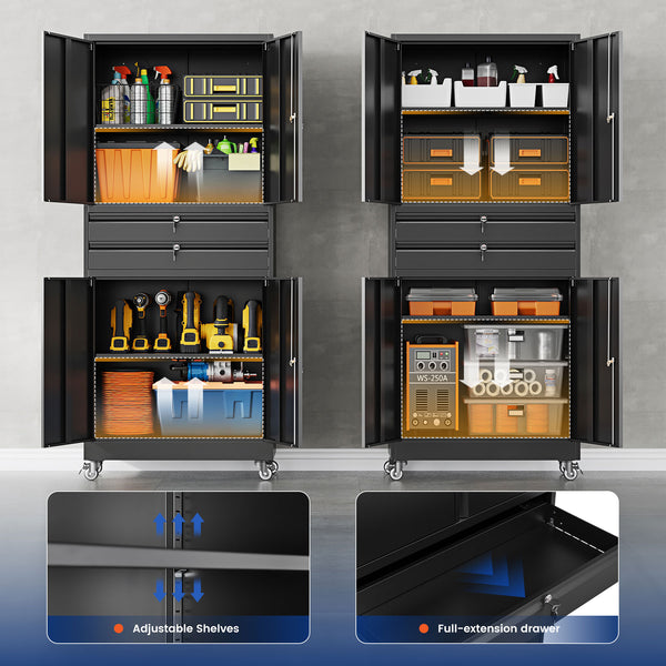 Yizosh 74" Tall Rolling Metal Tool Storage Cabinet with Locking Doors, 2 Drawers, Adjustable Shelves & 4 Wheels, Garage Storage And Organization