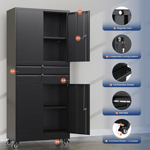Yizosh 74" Tall Rolling Metal Tool Storage Cabinet with Locking Doors, 2 Drawers, Adjustable Shelves & 4 Wheels, Garage Storage And Organization