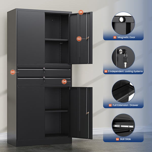 Yizosh 71" Metal Garage Storage Cabinet with Lock, 2 Drawers & Adjustable Shelves